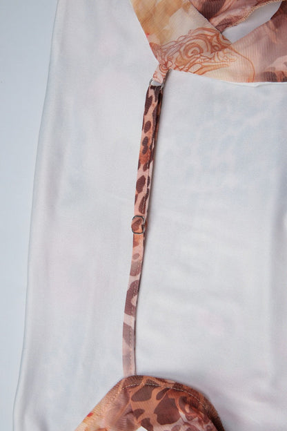 Cowl Neck Backless Leopard Mesh Mini Dress