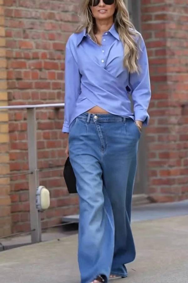 Unique Street Button Up Long Sleeve Slit and Tie-up Hem Blouse