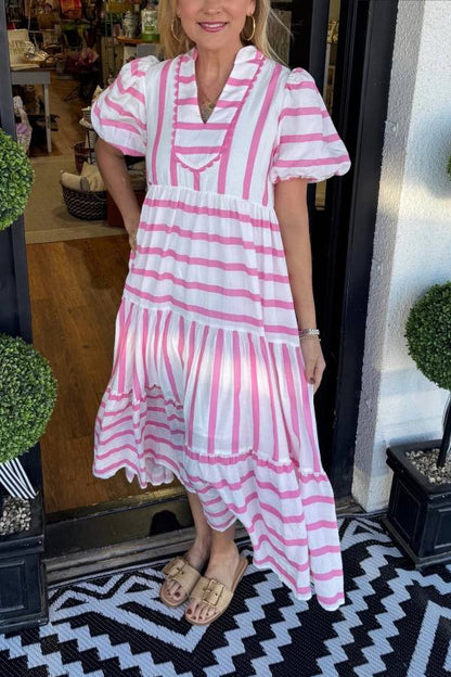 Women's Short Bubble Sleeve Striped Dress With Pockets