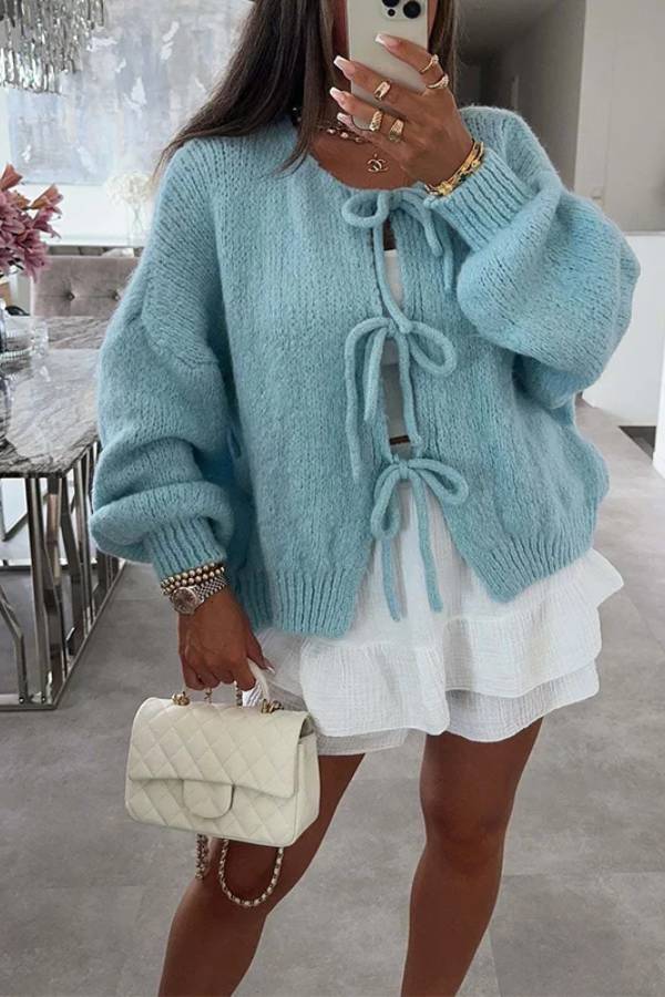 Stylish Solid Color Crew Neck Lace-up Sweater