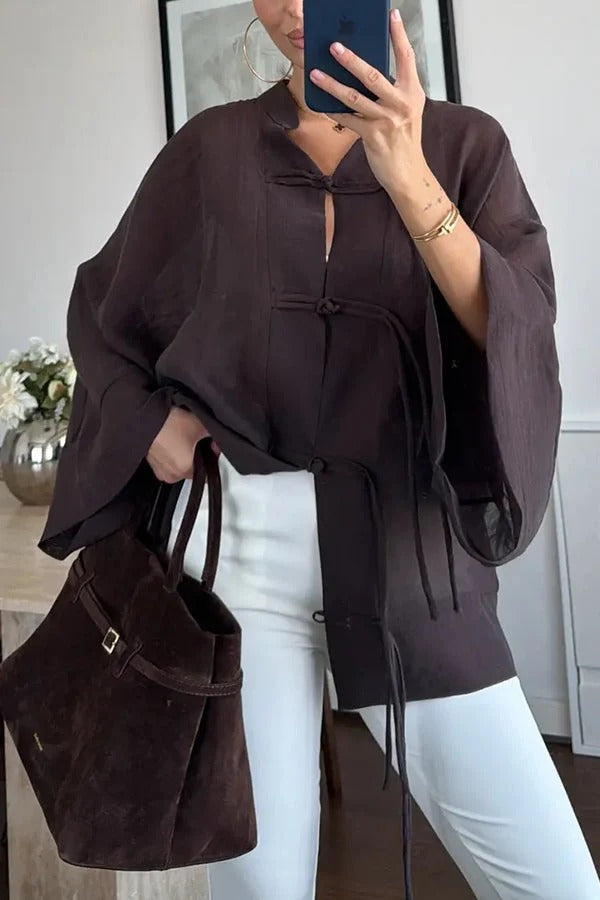 Jessenia Sheer Chinese-style Button Detail Long Sleeve Relaxed Blouse