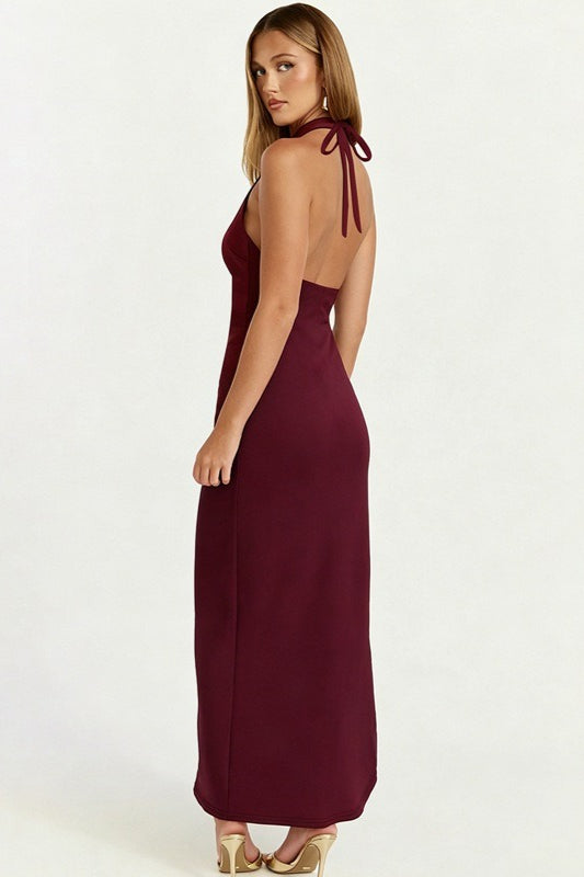 Halter Lace-Up Slit Backless Deep V Maxi Dress