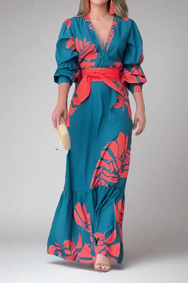 Colorblock Tropical Print V-Neck Puff Sleeve Belted Maxi Dress