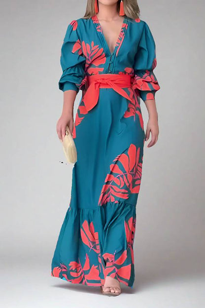 Colorblock Tropical Print V-Neck Puff Sleeve Belted Maxi Dress