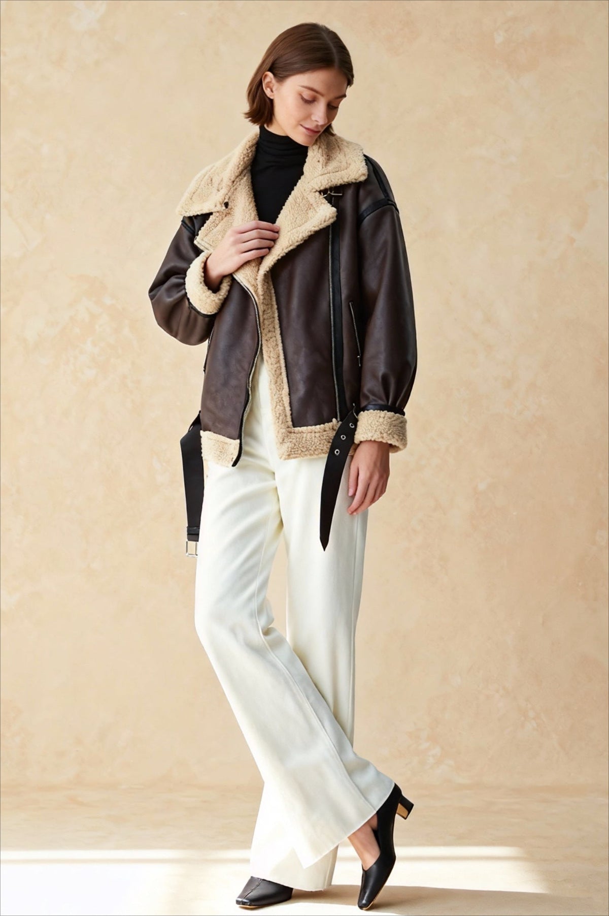 Classic Sherpa Lined Trendy Shearling Leather Flight Jacket