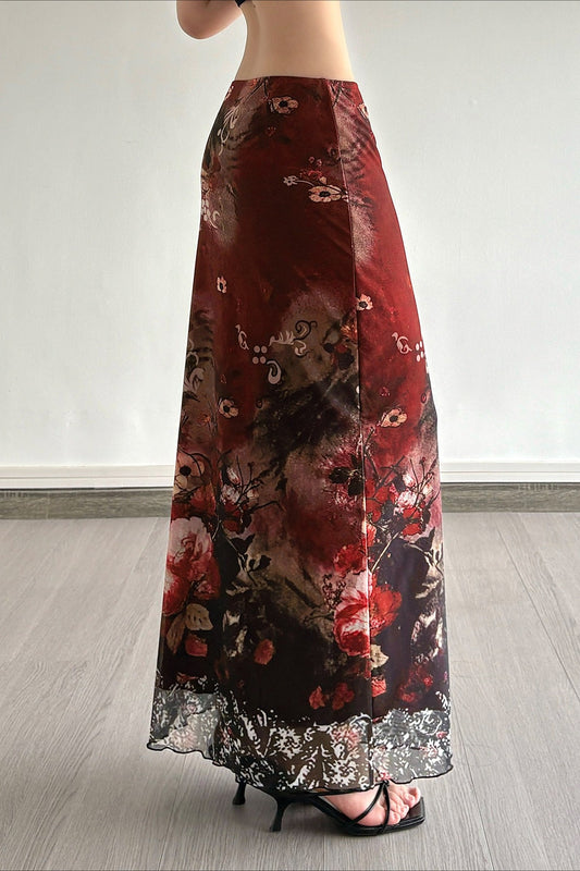 Vintage Art Print Sheer Panel Bodycon Skirt