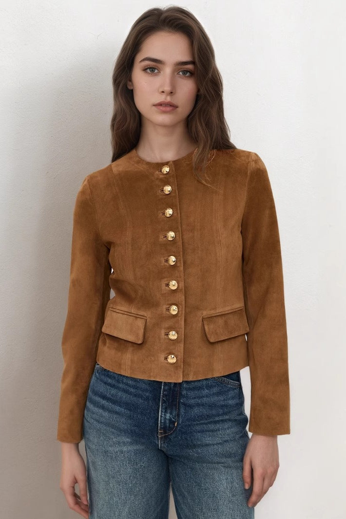 Metallic Button Cropped Suede Jacket