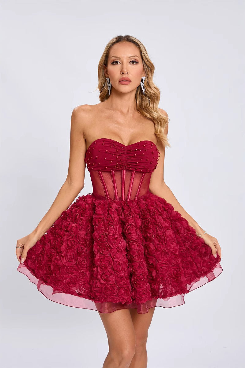 Beaded Mesh Strapless Tulle Mini Graduation Party Dress