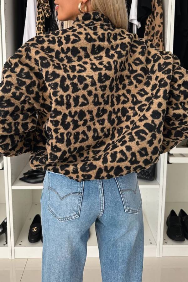 Leopard print plush stand-up collar jacket