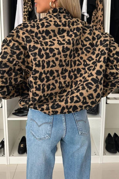 Leopard print plush stand-up collar jacket