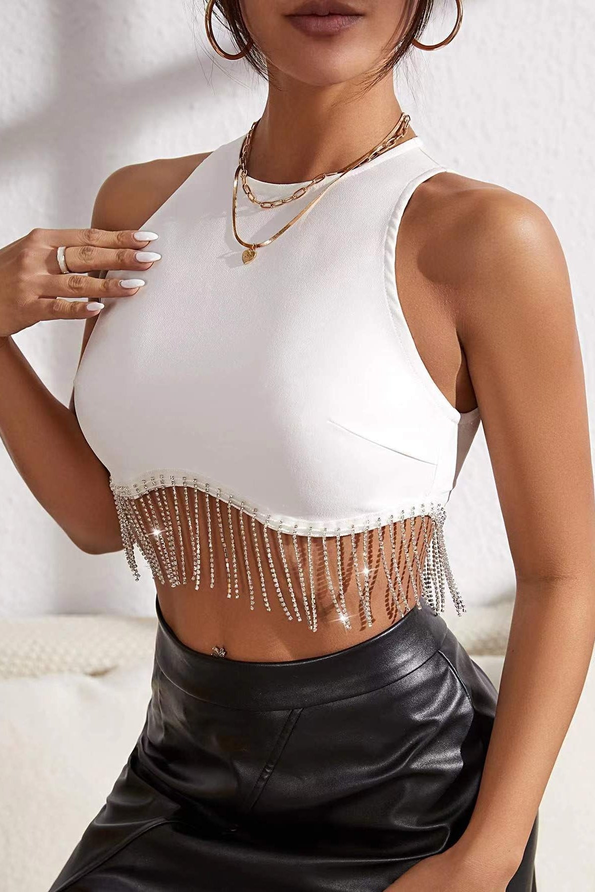 Rhinestone Fringe Trim Sleeveless Crop Top