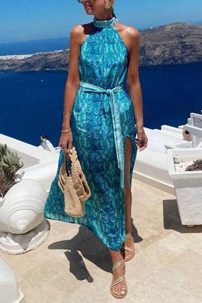 Bohemian Unique Print Slit Belted High Collar Maxi Dress