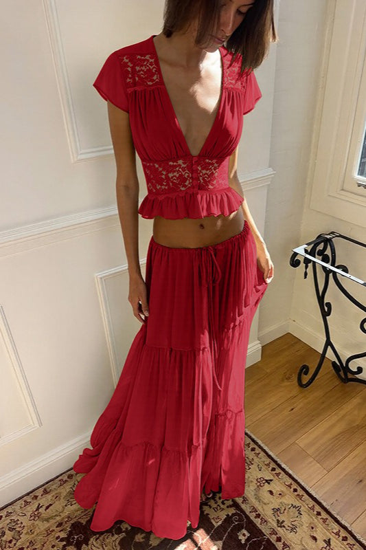 Sexy Sheer Lace Chiffon Tie Top Maxi Skirt Set