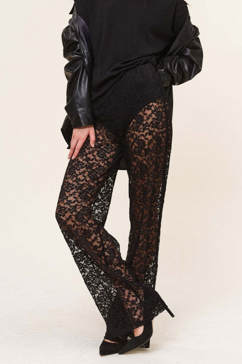 Lace Sheer High Waist Patchwork Straight Pants