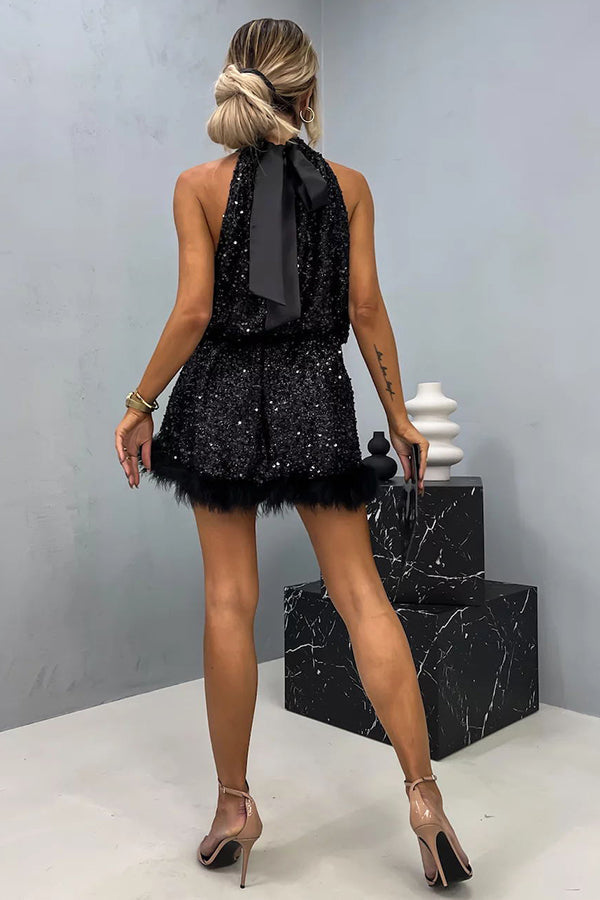 Sequin Halter Mock Neck Feather Trim Babydoll Mini Dress
