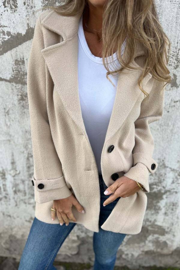 Lapel Cuff‑Button Short Woolen Coat