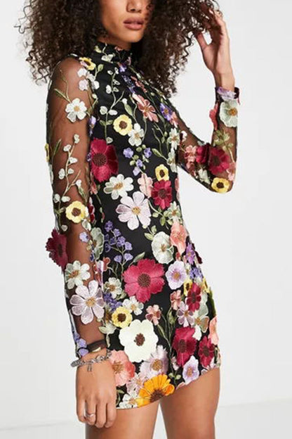 Mock Neck Long Sleeve Sheer Mesh 3D Floral Applique Mini Dress
