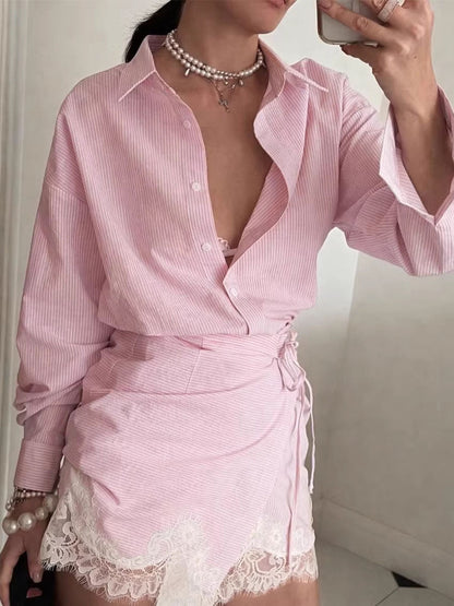 Stripe Lace Shirt & Wrap Skirt Set