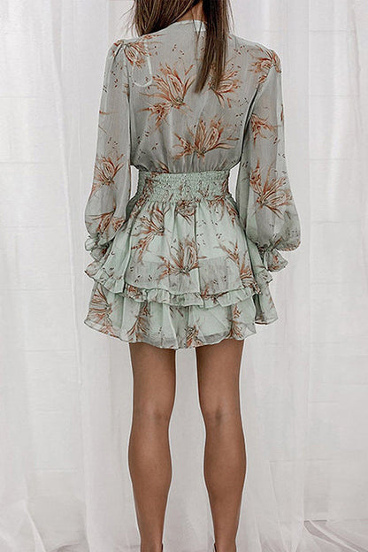 Tie Front Plunging V Neck Puff Sleeve Smocked Waist Tiered Ruffle Mini Dress