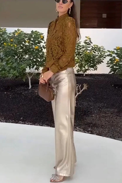 Ceyvan Metallic Fabric High-waist Pocket Straight Leg Stretch Pants