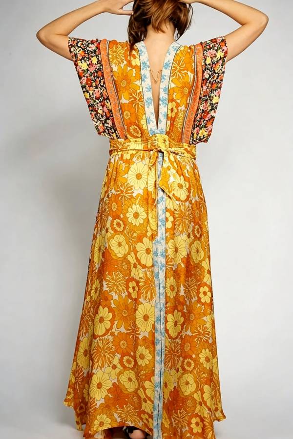 Boho Color-blocked Floral Print Wide Sleeve Tie-up Waist Pocket Maxi Dress