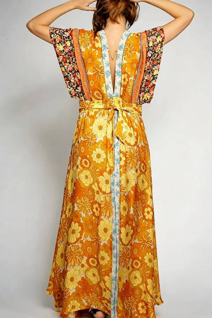 Boho Color-blocked Floral Print Wide Sleeve Tie-up Waist Pocket Maxi Dress