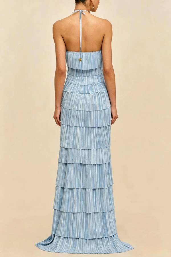 Modern Day Glam Tiered Pleat Design Sleeveless Halter Gown Maxi Dress
