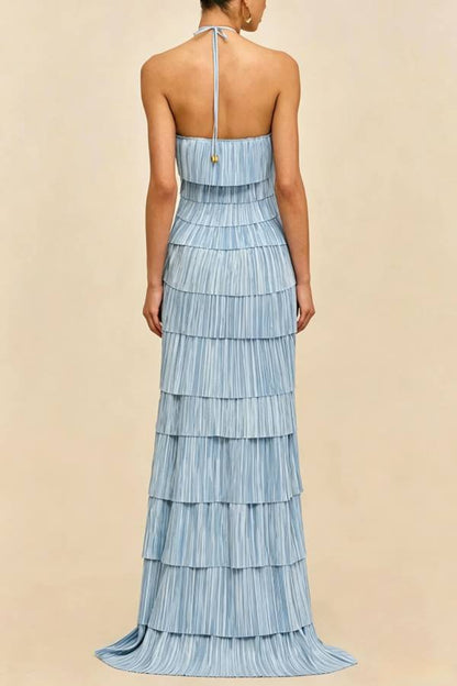 Modern Day Glam Tiered Pleat Design Sleeveless Halter Gown Maxi Dress
