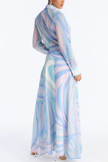 Gianna Chiffon Unique Print Button Long Sleeve Flare Hem Shirt Maxi Dress