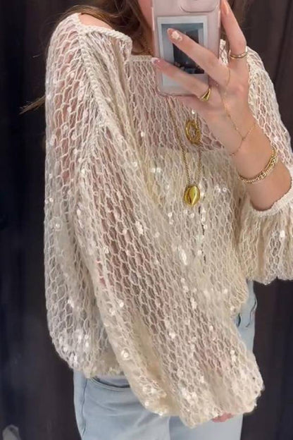 Shimmering Sequin Openwork Lantern Sleeve Blouse