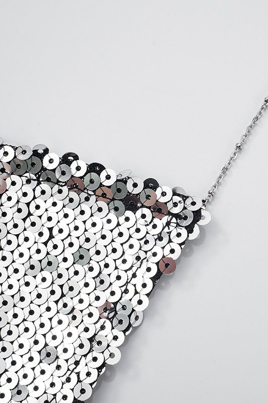Metal Sequin Chain Backless Crop Top