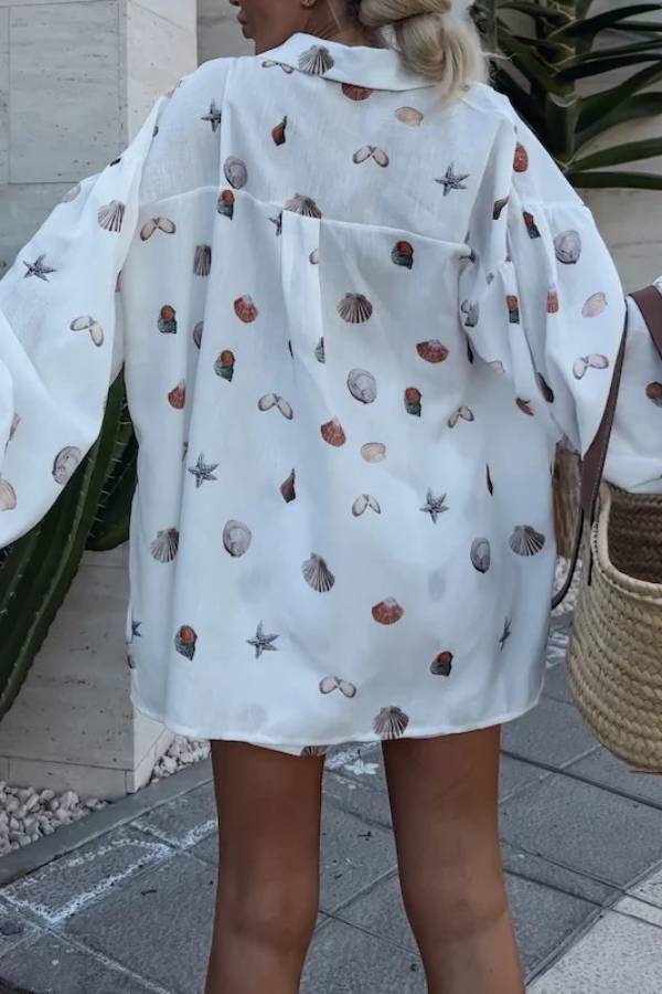 Seashell & Starfish Print Puff Sleeve Shirt + High-Waisted Shorts Set