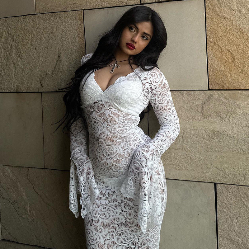V Neck Lace Flare Sleeve Dress