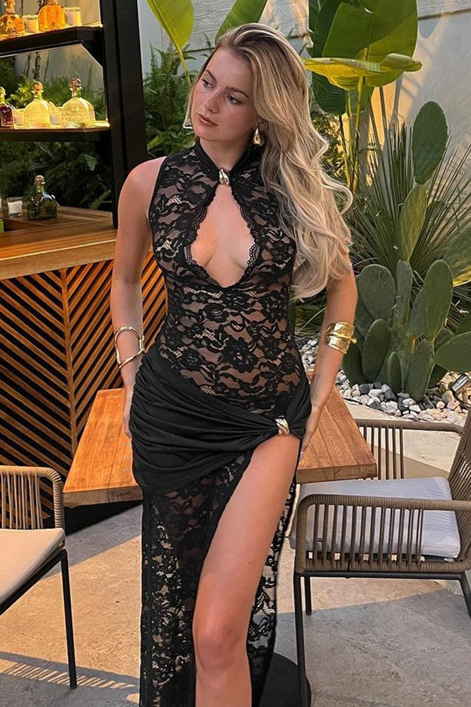 Lace High Split Sleeveless Lace Dress