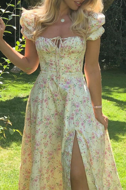 Square Neck Short Sleeve Slit Slim Floral Dress