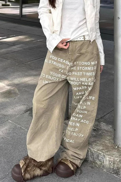 Vintage Washed Letter Print Wide Leg Slim Floor Length Jeans