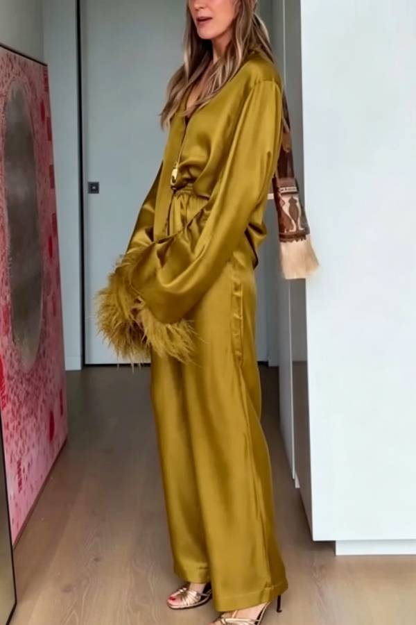 Festive Satin Feather Bell Sleeve Shirt and Elastic Waist Pocket Loose Pants Set