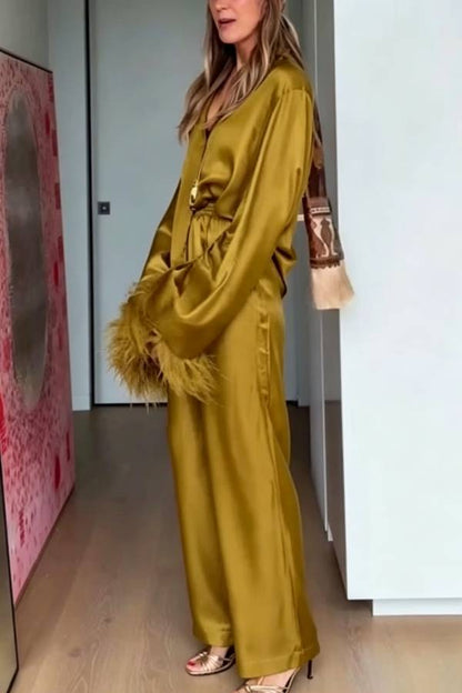 Festive Satin Feather Bell Sleeve Shirt and Elastic Waist Pocket Loose Pants Set