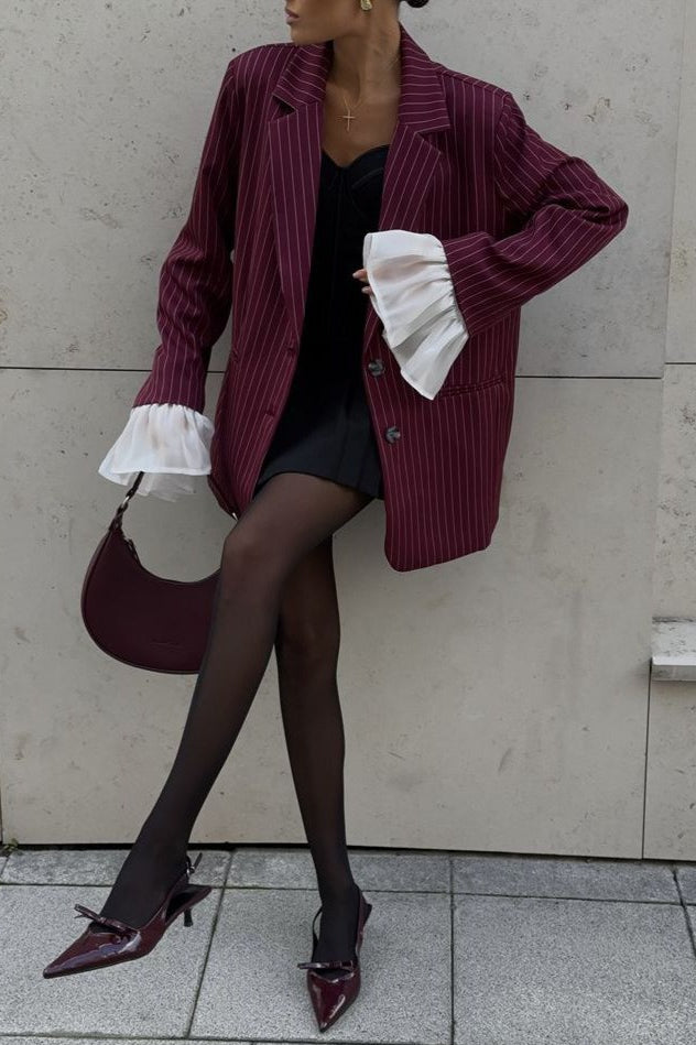 Striped Lace Ruffle Oversized Coat