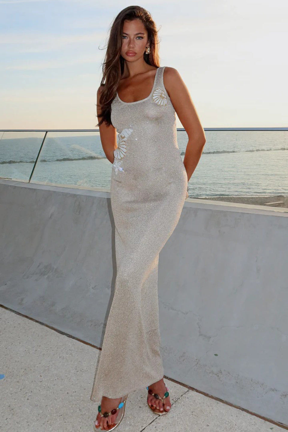 Shimmer Mesh Strap Maxi Vacation Dress