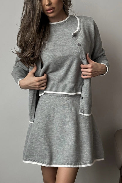 Loose Fit Tweed Cardigan Skirt Knit Set