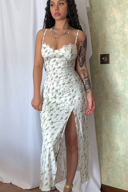 Lace Strap Slit Slim Maxi Floral Dress