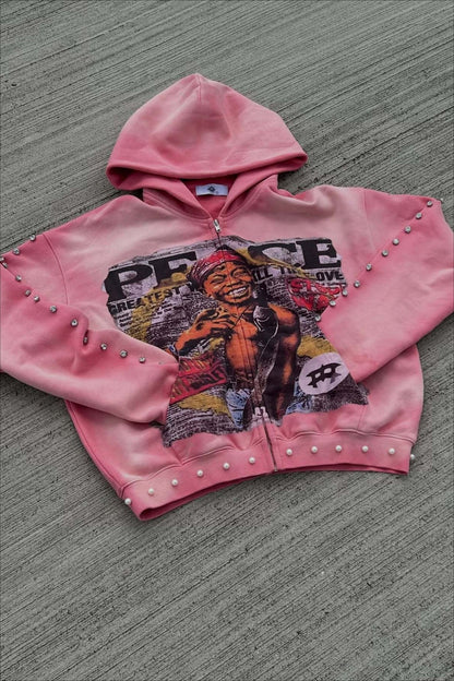 Rhinestone Graphic Zip Up Hoodie