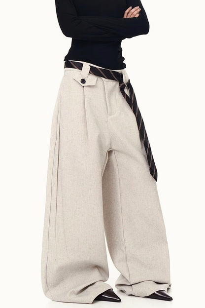 Pleated Tie Detail Wide Leg Draped Pants