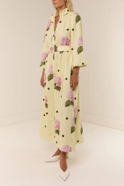 Collared Waist-Cinched Printed Maxi Shirt Dress