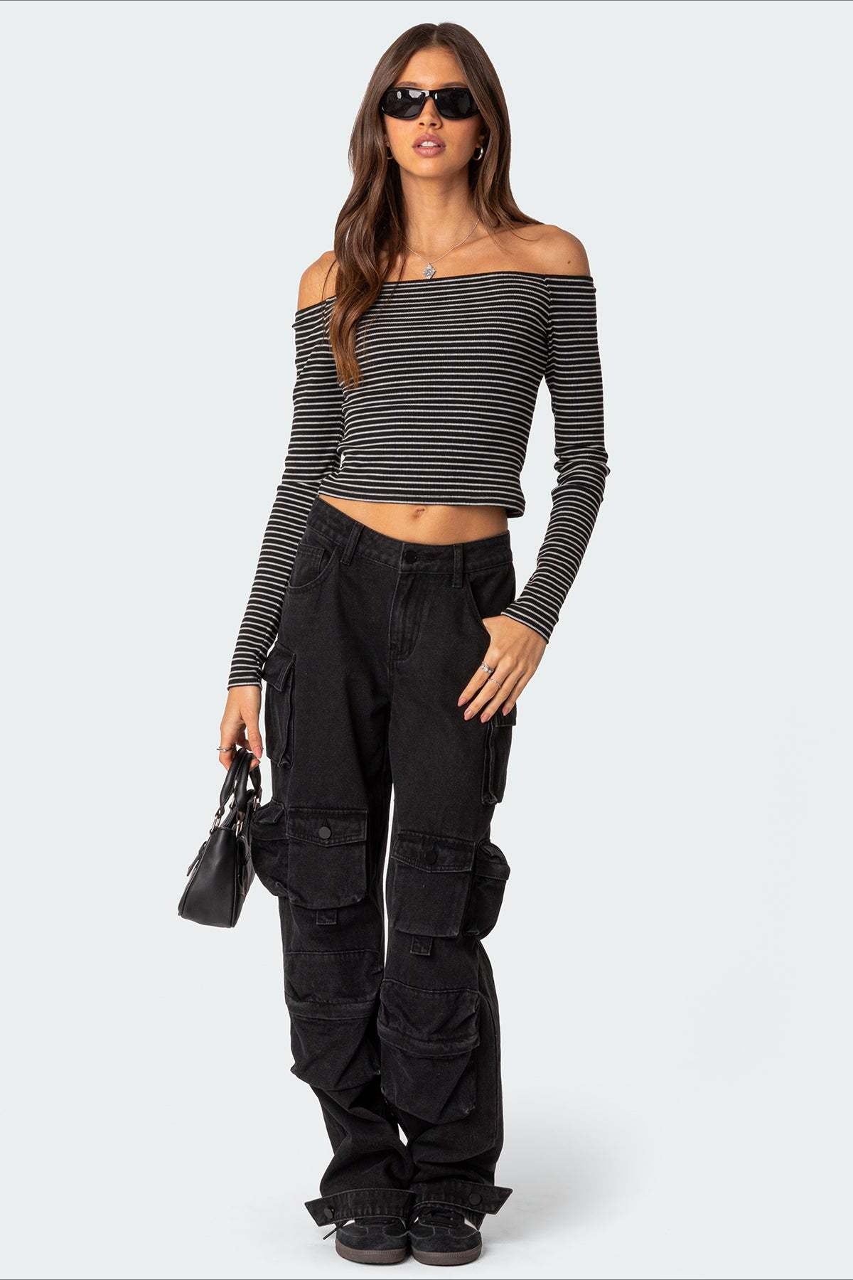 Striped Off Shoulder Bodycon Knit Top