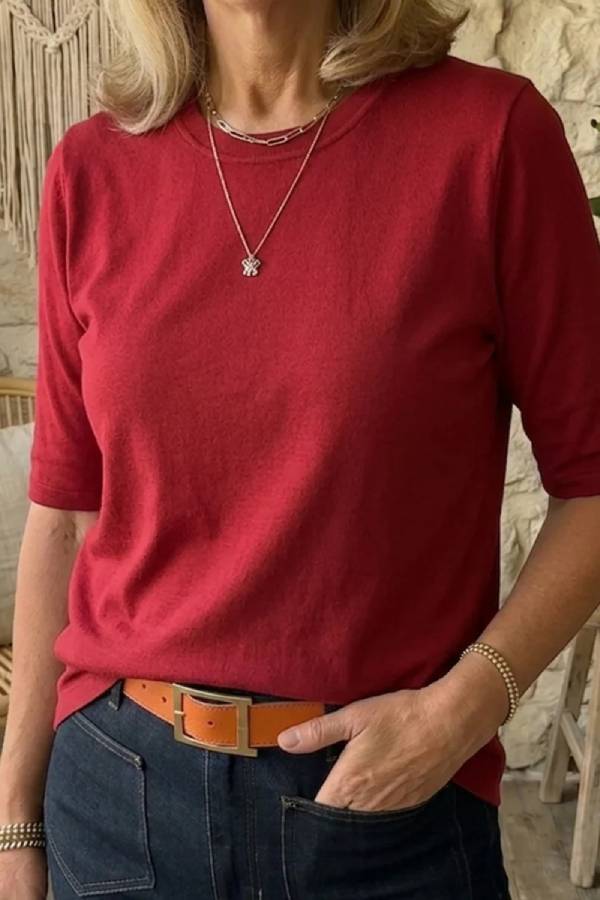 Basic Crew Neck Elbow-Length Sleeve T-Shirt