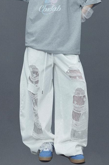 Ripped Lace Patchwork Relaxed Jeans