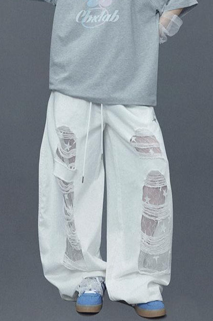 Ripped Lace Patchwork Relaxed Jeans