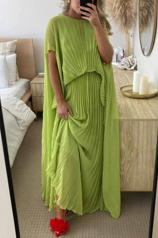 Avocado Green Pleated Cape Maxi Skirt